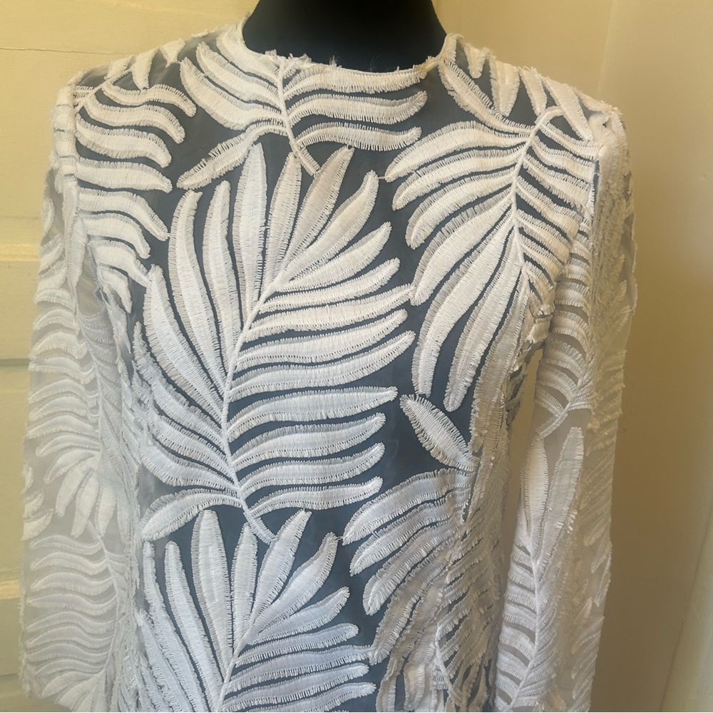 SEMSEM 100% Silk Embroidered White Leaf Pattern Maxi Dress Boho Resort Coastal - Picture 2 of 11